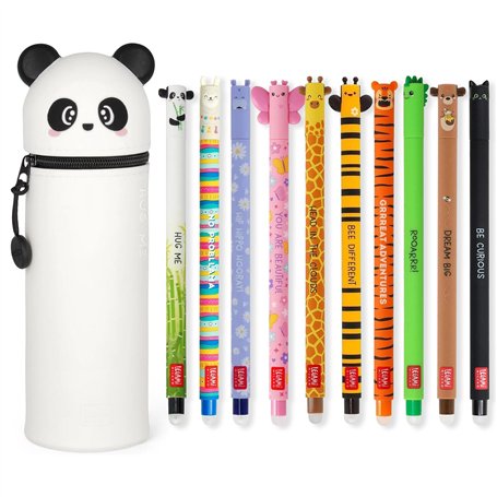 LEGAMI - Lot de 10 stylos gel effaçables + trousse panda 2 en 1 – avec encre effaçable thermosensible