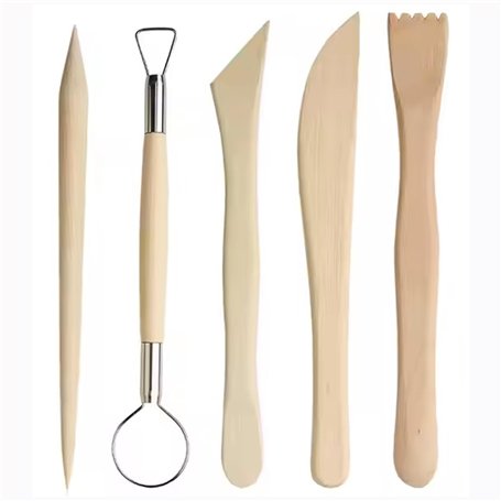Longivia® 5 Outils de Modelage en Bois de Hêtre Naturel - Outils Sculpture Argile – Kie de Outils Poterie Enfant et Adult – pour