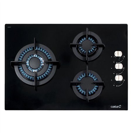 Plaque de Cuisson à gaz Cristal CATA CCI 5003 BK. Design élégant 3 brûleurs à gaz Haute Performance. Allumage Automatique. Polyv