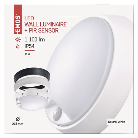 Emos Applique murale et plafonnier LED avec détecteur de mouvement rond IP54 étanche 14 W pour balcon