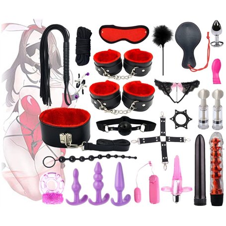 26 Piece Couple Boňdage Set Happy Game Accessories Deluxe Plush Sport Set (Black and Red)
