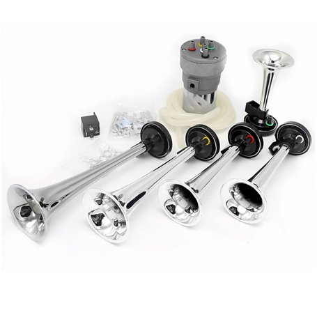 YIYIDA Klaxon de musique Dixie Car Horn 160db Klaxon pneumatique Trompette à cinq tubes argent Klaxon électrique avec pompe à ai