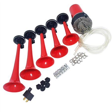 YIYIDA Klaxon à air trompette Klaxon de voiture 12V Air Horn Trompette musicale 165db Corne d'alarme Cinq tubes Dixie rouge étan