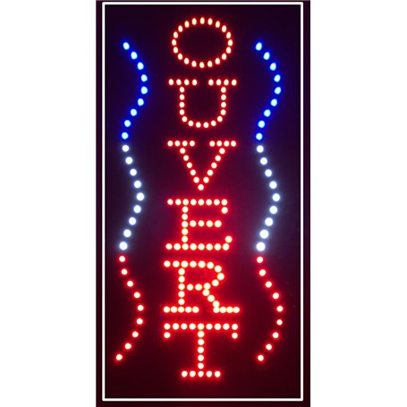 Enseigne lumineuse à LED OUVERT (vertical) Rouge/bleu/blanc 60x30x2.5cm