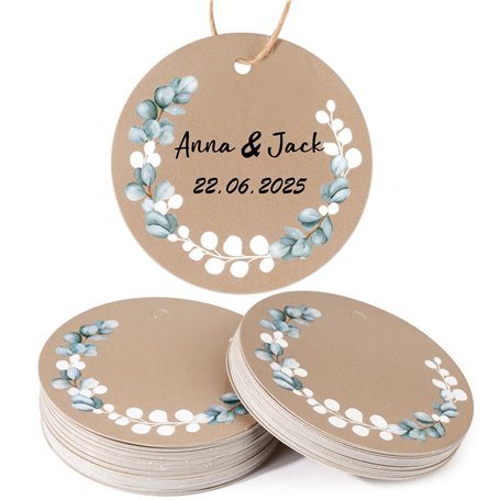 50pcs Étiquettes Kraft Étiquettes Rond avec Cordon de Chanvre Motif Feuilles Bricolage pour Emballage de Cadeau Sac Cadeau Décor
