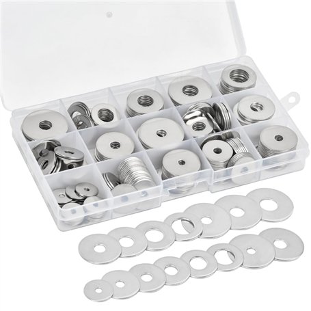 225pcs Rondelles Plates en 304 Acier Inoxydable M3 M4 M5 M6 M8 M10 M12 Assortiment de Rondelle Plate
