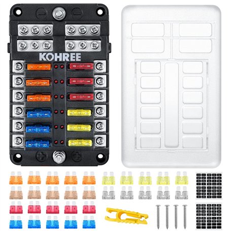 Kohree 12V 12 Voies Standard Boîte à Fusibles + 24pcs Voiture Fusible à Lame 5A 10A 15A 20A avec 12 Voyants LED Couvercle de Pro