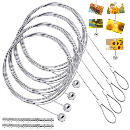 LANSKYLAN 4 Pcs Cable Acier Photo avec 48 Aimants Ronds Fil pour Suspendre Photos 2m*1.5mm Accroche Câble Suspension Câble Métal