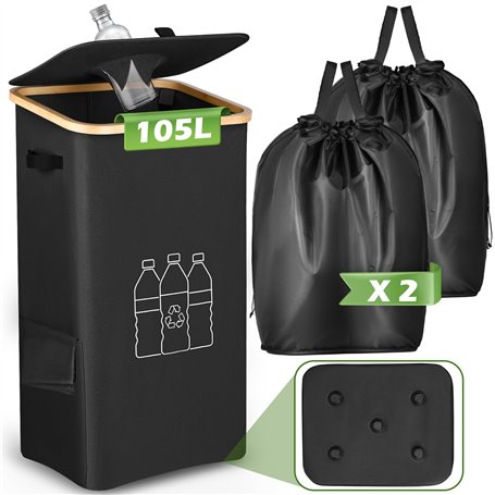 Poubelle de Tri Sélectif 105L Cuisine [Couvercle Étanche + 2 Sacs de Transport] - Poubelle de tri de Dépôt Avec Trou - Bac Range