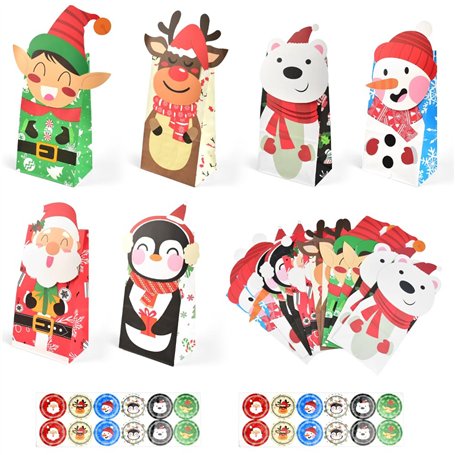 Kleemeiero 24PCS Sacs de Cadeau de Noël en Papier Boîtes de Bonbons de Noël Sachets Kraft Papier Pochette Cadeau Noël avec 2 Aut