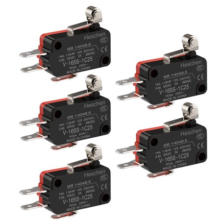 Heschen Lot de 5 micro-interrupteurs V-165S-1C25 SPDT à levier court à rouleau 16 A 250 VAC
