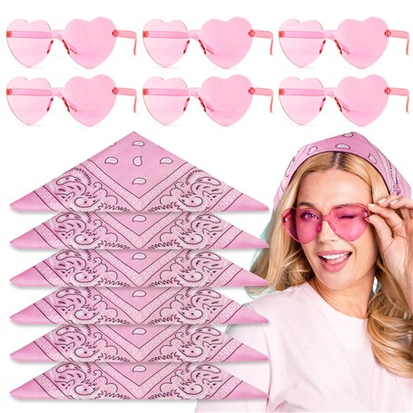 BOOMTOP 6paires Lunettes Cœur Rose Lunette d'Amour Protection Uv et 6pcs Bandana Foulard Carré Rose Décoration DIY Accessoires d