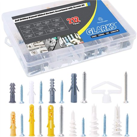 Glarks 220 pcs Phillips à tête plate Vis auto-taraudeuses et nervuré ancres Assortiment de vis kit Anchor Kit