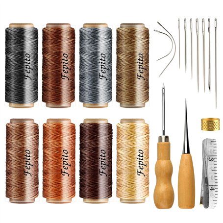 FEPITO 21pcs en Cuir Fil Ciré 8 Couleur 264 Verges 150D À Coudre Cordon Outils À La Main Kit pour DIY Couture Artisanat (Waxed T