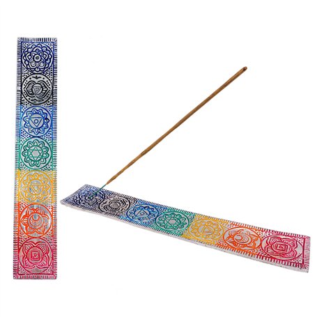 Brûleur d'encens (encens) Support plat en aluminium Motif Chakras Couleurs émaillées Fait à la main en Inde.