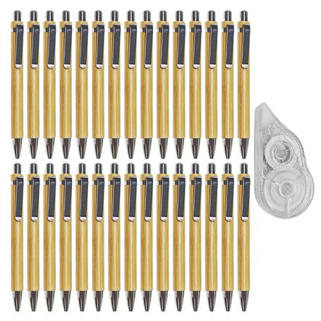 30 Stylos À Bille En Bois Et 1 Ruban Correcteur