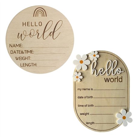YSJCHEBS 2 Pièces Bébé Souvenirs Hello World Logo Copeaux De Bois Nouveau-Né Lettre Tableau D'Affichage Bébé Douche Copeaux De B