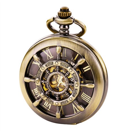 TREEWETO Montre de Poche Unisexe avec chaîne à remontage analogique et Double charnière Motif Squelette Bronze
