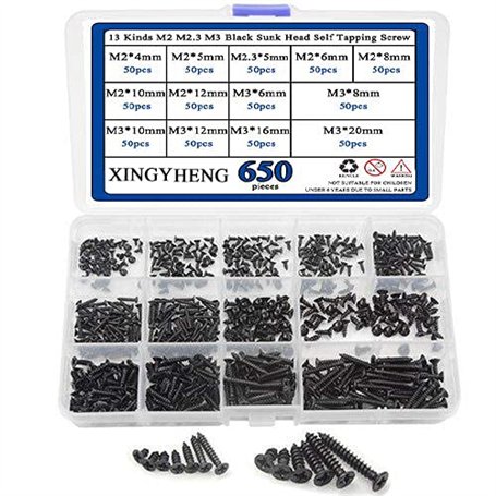 BGTXINGI Assortiment de 650 vis autotaraudeuses à tête bombée M2 M2.3 M3 13 types de vis autotaraudeuses à tête bombée noire en