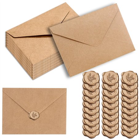 Zephyra Lot de 30 Enveloppes en Papier Kraft et Autocollants de Sceau de Cire(Auto-Adhésifs)