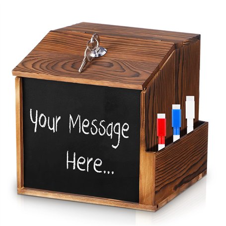 GOEDCH Boîte à dons verrouillable : boîte à propositions en bois avec 3 marqueurs pour tableau blanc et clés