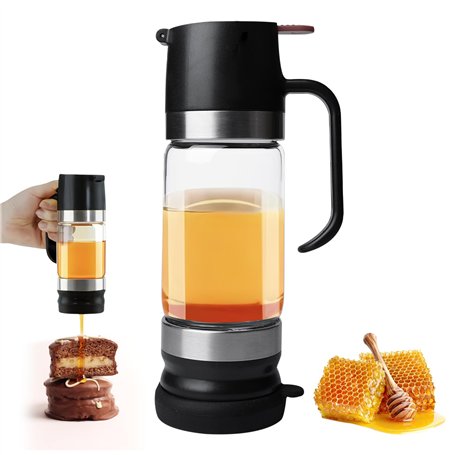 GOEDCH Distributeur de Miel en Verre Borosilicate 300 ml: pot à miel anti-goutte avec poignée et technologie anti-retour