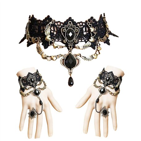 Jurxy Collier Tour de Cou en Dentelle avec Bracelet Punk Party Gothic Vintage Fait Main Lolita Rétro Esclave Punk Vampire Victor