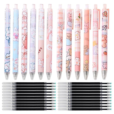 12 Stylos À Gel De Dessin Animé Et 20 Recharges De Rechange