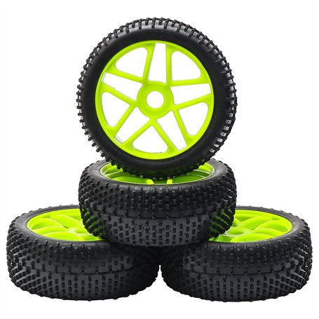 SWHstore Lot de 4 pneus en caoutchouc vert RC 1:8 pour voiture tout-terrain 5 rayons et jante plactique pour voiture HSP