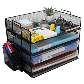 Cinnani Corbeille à courrier empilable avec porte-stylos en métal, 4 niveaux, plateaux à documents, dossiers A4, lettres, papier Cinnani Corbeille à courrier empilable avec porte-stylos en métal