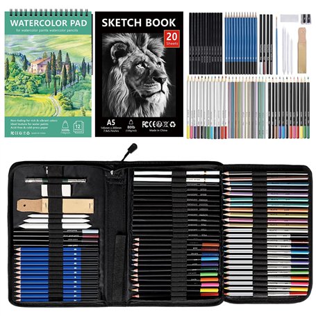 KIMIGO Ensemble de matériel de dessin et de croquis 76 - Crayons de Dessin Professionnels - Fournitures avec carnet de croquis e
