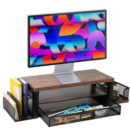 HSJYFSH Support de moniteur à 2 niveaux et organiseur de bureau d'ordinateur avec tiroir et organisateur de courrier