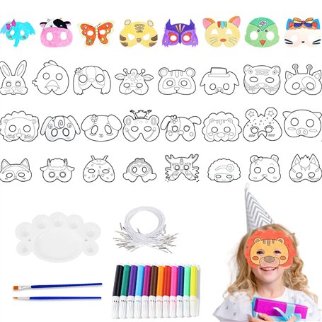 RUIJIE 32Pièces Masques à Colorier Enfants Masque Animaux Masques d'Animaux Vierges avec 2 Ensembles de 6 Stylos de Couleur et C