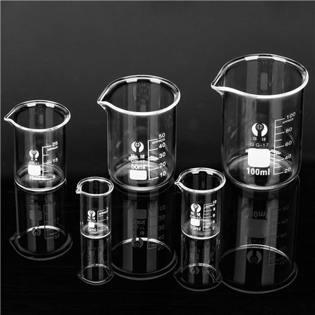 HATANSE 5 Pièces Bécher Gradué en Verre Borosilicate 5ml 10ml 25ml 50ml 100ml Béchers Forme Basse pour Laboratoire Cuisine et É