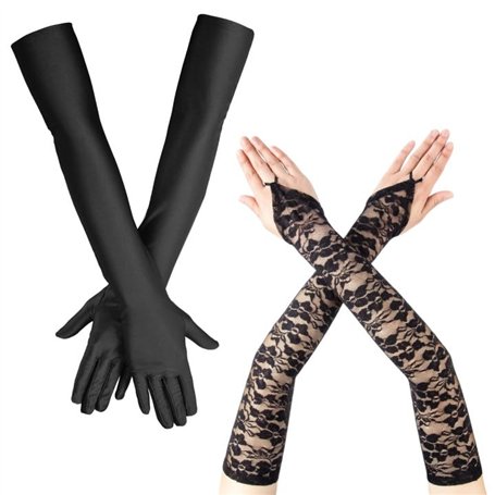 Celiodd Lot de 2 paires de gants longs noirs pour femme - Gants longs noirs - Gants longs noirs en dentelle - Gants sans doigts