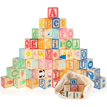 jacootoys 36 PCS Blocs de Bois ABC Jeux de Construction Très Grand Lettres et numéros de l'alphabet Jouets Éducatifs pour Enfant
