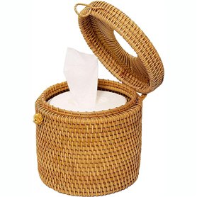 Kagodri Boîte à mouchoirs ronde en rotin, support de papier toilette en osier avec couvercle, distributeur de conteneur rond, co Kagodri Boîte à mouchoirs ronde en rotin