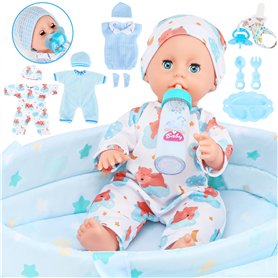 Poupée Bébé 12 Pouces - Set Poupée Garçon avec 3 Vêtements et Accessoires, Berceau Portatif, Biberon, Tétine, Jouets d'Imitation Poupée Bébé 12 Pouces - Set Poupée Garçon avec 3 Vêtements et Accessoires