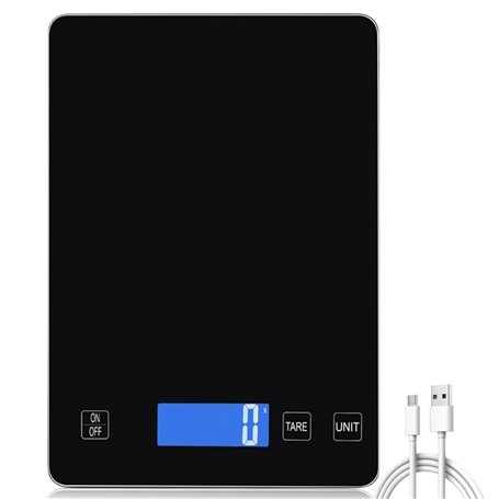 Balance de cuisine numérique - 15 kg/1 g - Rechargeable par USB - Avec écran LED et fonction tare - Avec fond en verre trempé -