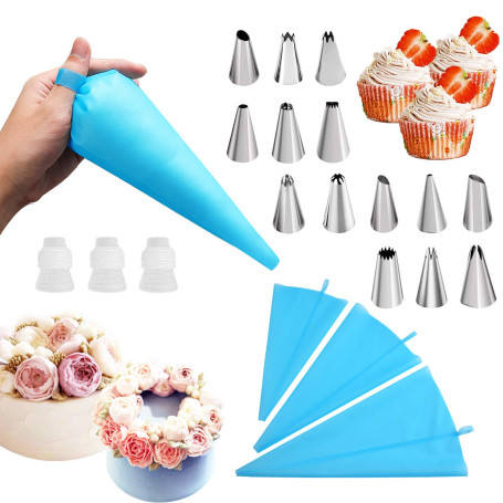 Lot de 20 douilles et poches à douille avec 3 poches à douille réutilisables de 3 tailles différentes