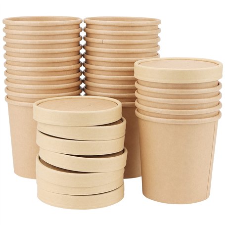 PINGEUI Lot de 50 gobelets à soupe jetables - 460 ml - Marron - Avec couvercle - En carton avec couvercle - Pour crème glacée