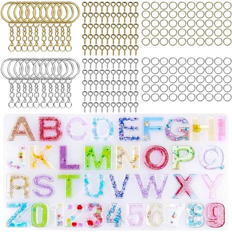 HBYMYDA 221 Pièces Moulle Resine Epoxy DIY Kit de Moule en Résine Alphabet Silicone Moules Alphabets en Résine pour Bricolage Bi