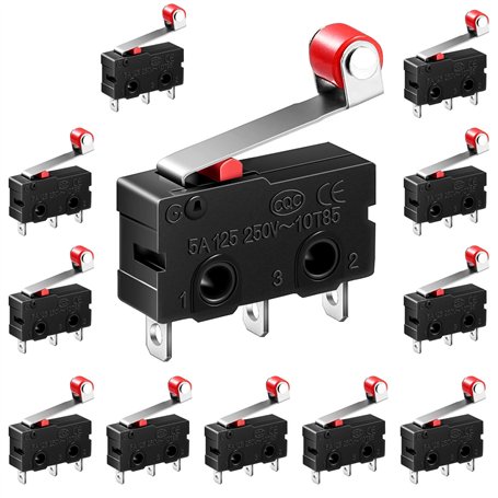 beihuazi® Micro Interrupteur Fin de Course Micro Switch SPDT Snap Action 12pcs 125-250V 5A SPDT 1NO 1NC 3 Broches Levier de Roul