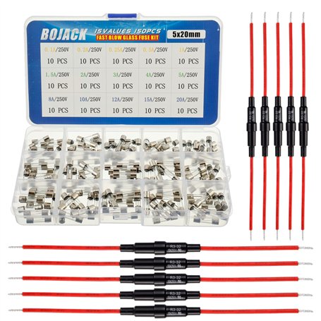 BOJACK Porte-fusible 5x20 mm à vis en ligne avec fil rouge 16 AWG + 15 valeurs 150 pièces Fusibles en verre à fusion rapide 5x20