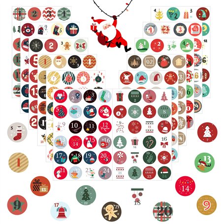JAMSSOW 12 pièces Noël Calendrier de l'Avent Autocollants - 12 x 24 Autocollants Noël Nombre Calendrier - Chiffre Calendrier de