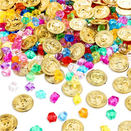 Skylety 200 Pièces Trésor de Pirate 100 Pièces de Pirate 100 Pierres Précieuses de Pirate Pièces d'Or de Pirate Diamant de Pirat