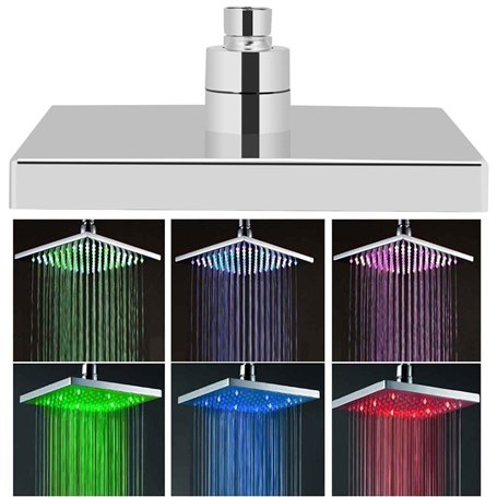 Pomme de Douche Lumineuse Led 7 Couleurs Changeantes Pluie Carré Douchette Salle de Bain en Acier Chromé 20x20cm