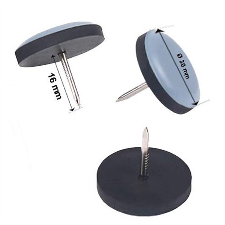 Lot de 16 patins ronds en téflon avec clou de diamètre 30 mm - 5 mm d'épaisseur - Revêtement PTFE - Patins pour chaise