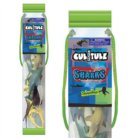 Cubitube - Requin de Deluxebase. Collection de 11 pièces de Petites Figurines de Requins et d'accessoires de Jeu. Tube de Rangem