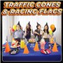 Décoration Anniversaire Cônes Signalisation et Drapeaux de Course - 12 Drapeaux Noirs et Blancs sur Bâtons et 12 Mini-Cônes de S